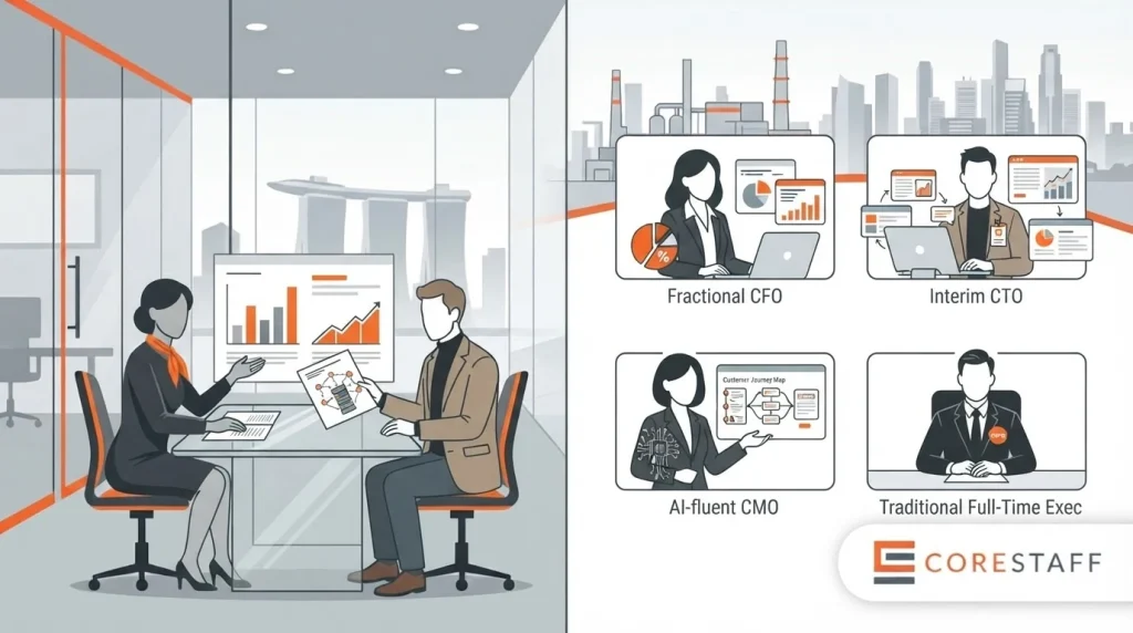 CFO CTO hiring Singapore illustration showing executives at a boardroom table alongside four fragmenting C-suite variants