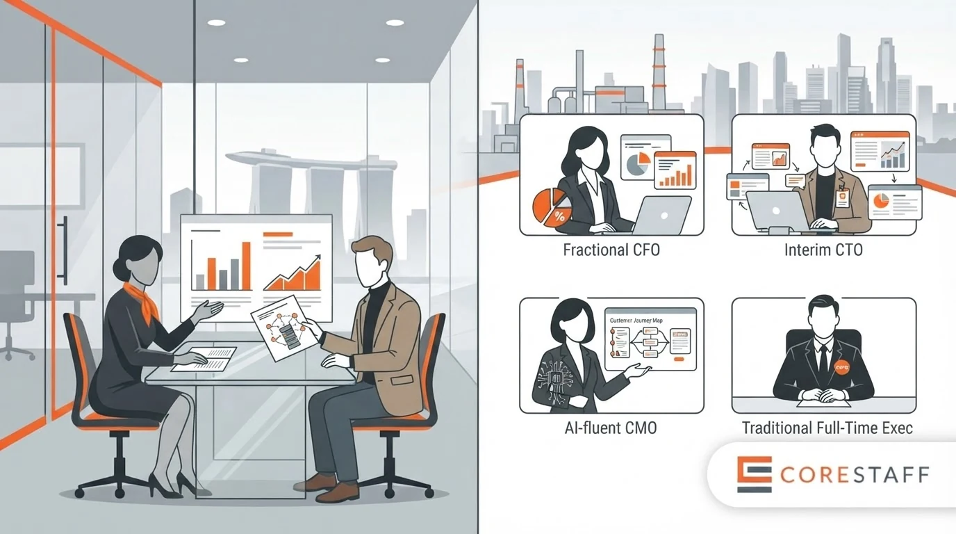 CFO CTO hiring Singapore illustration showing executives at a boardroom table alongside four fragmenting C-suite variants