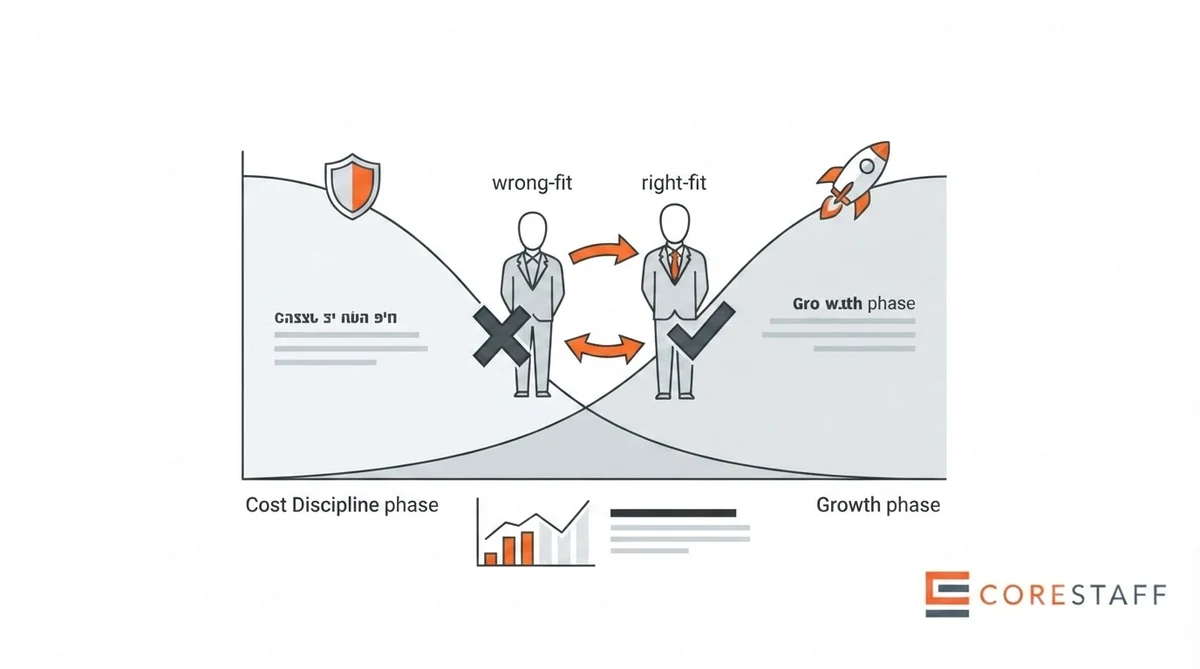 CFO market phase mapping diagram showing cost discipline curve versus growth curve with candidate fit markers