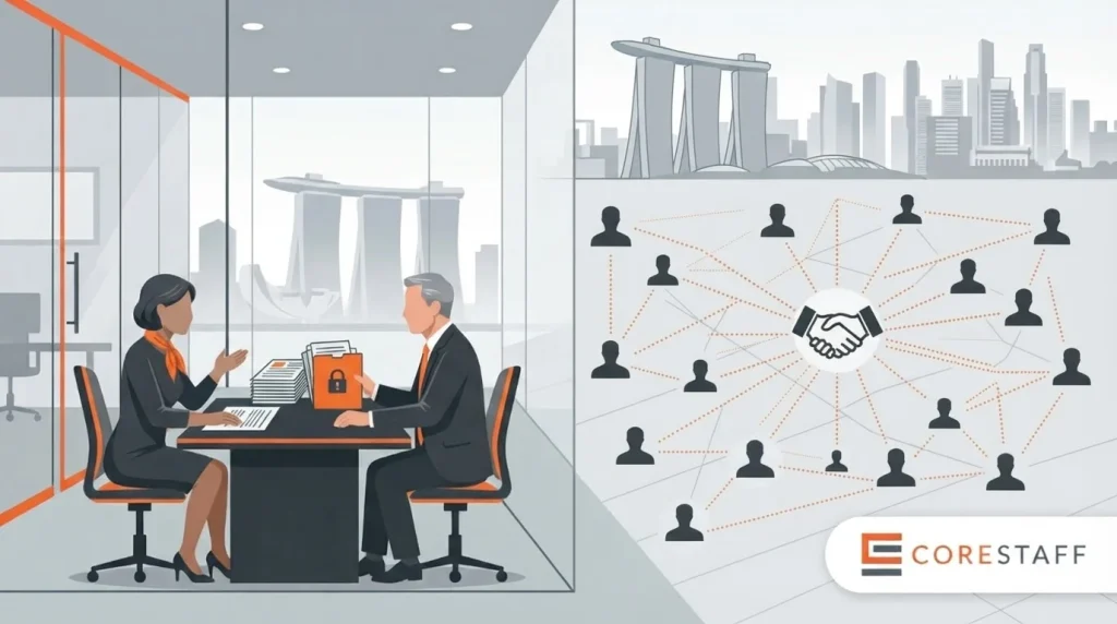 Confidential executive search Singapore illustration showing a board director briefing a Corestaff consultant alongside a candidate market map