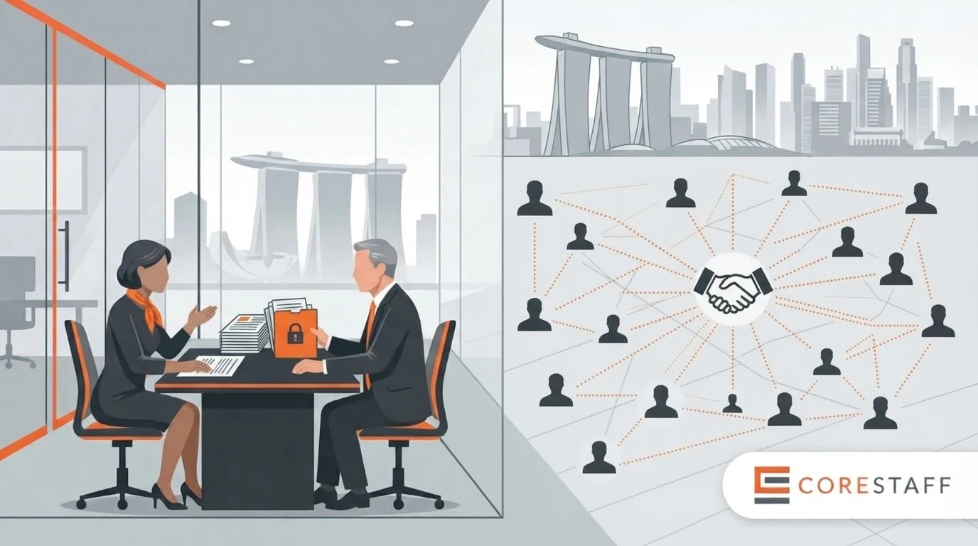 Confidential executive search Singapore illustration showing a board director briefing a Corestaff consultant alongside a candidate market map