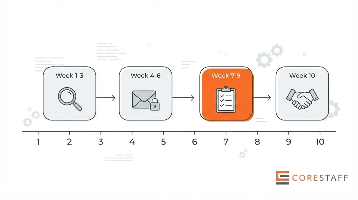 Confidential executive search process timeline showing brief, market map, confidential approach, vetting and close phases