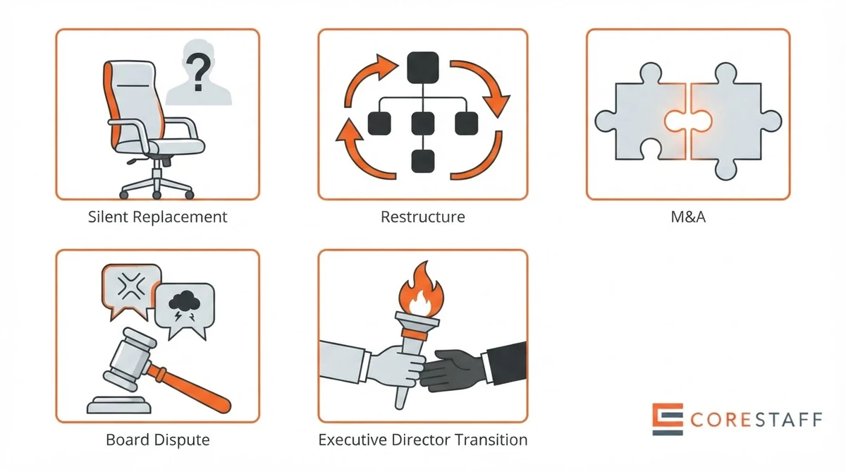 Confidential executive search trigger scenarios grid: silent replacement, restructure, M and A, board dispute, executive director transition