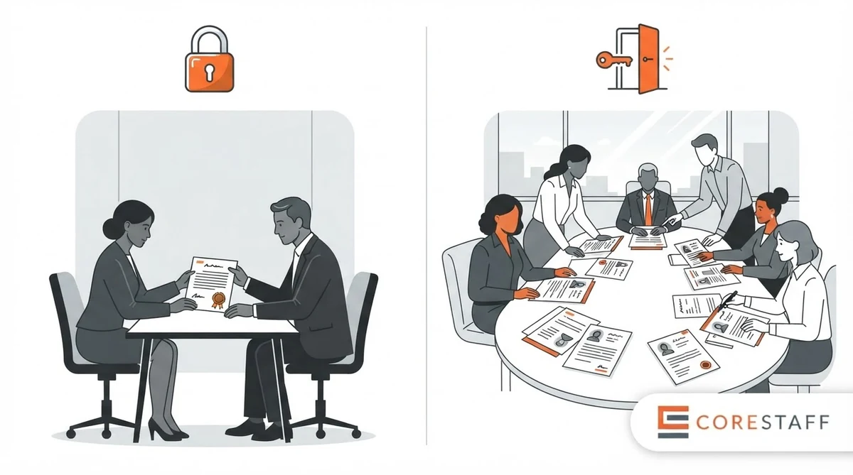 Confidential search versus retained search comparison illustration highlighting client naming and meeting logistics differences