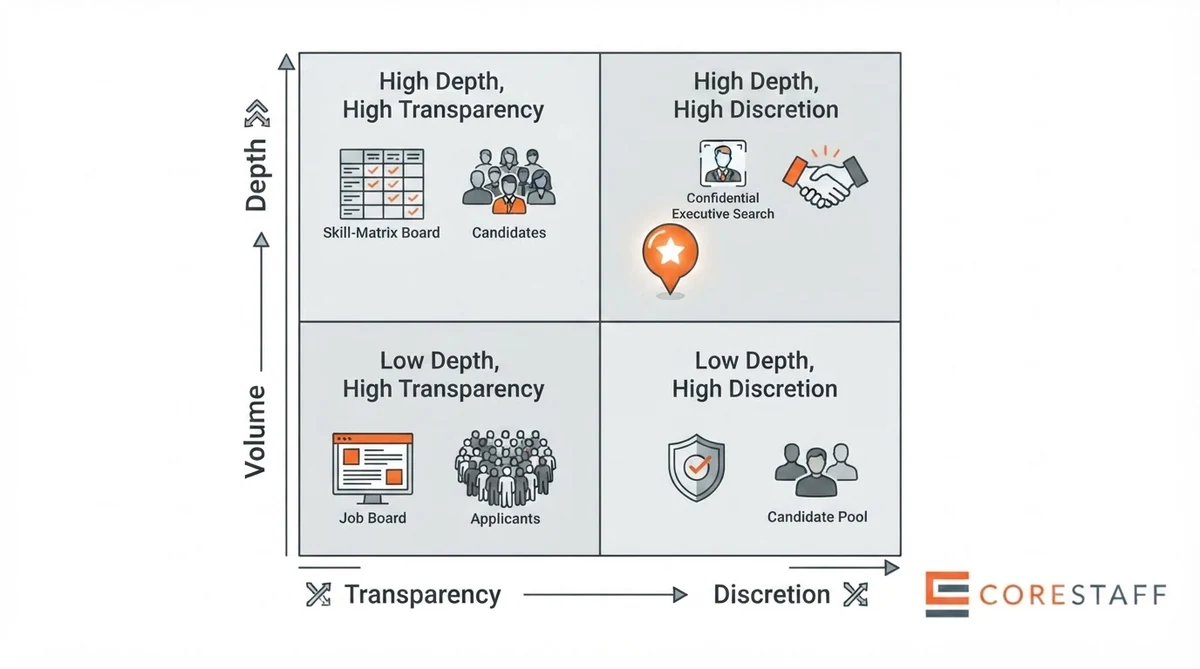 Corestaff recruitment model positioning quadrant chart showing retained plus confidential lane
