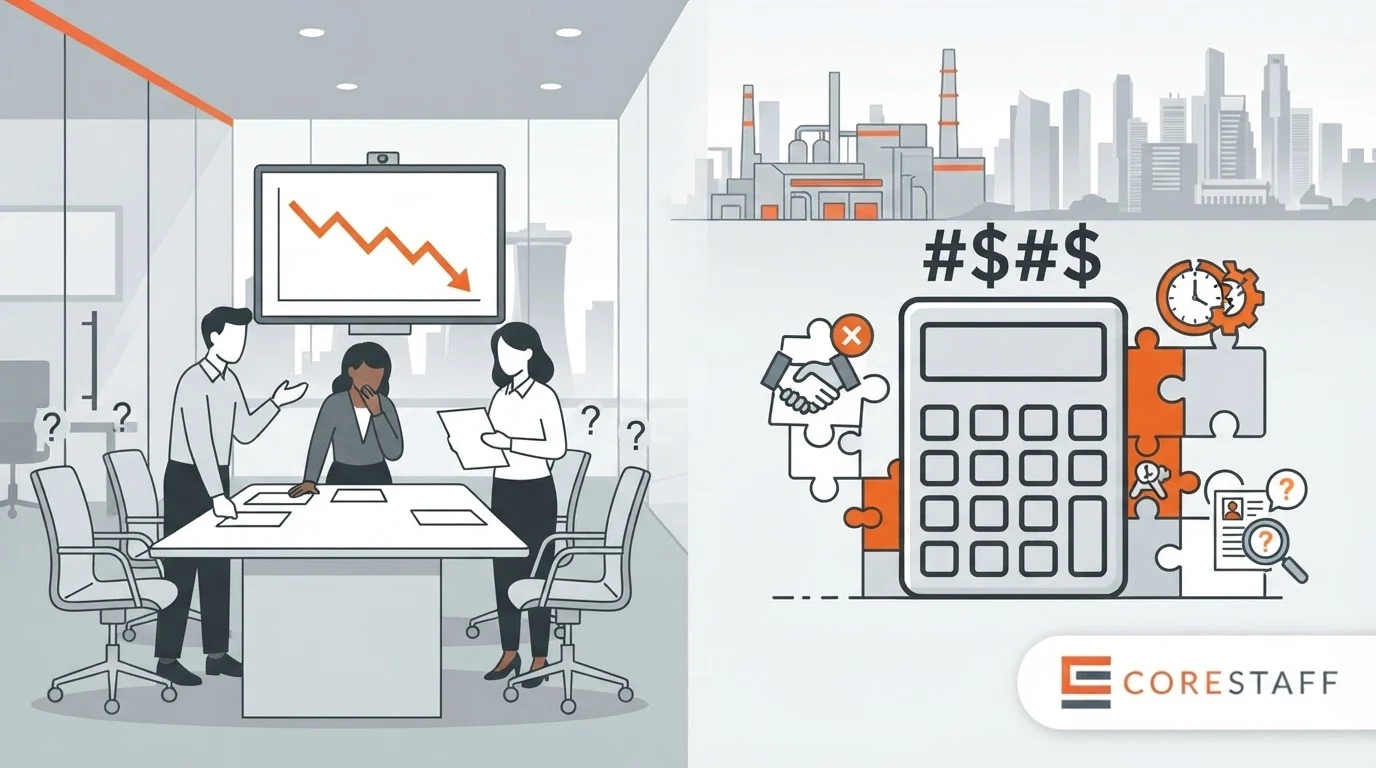 Cost of a bad executive hire Singapore illustration showing a concerned board reviewing declining performance and a cost calculator