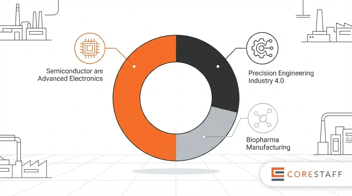 EDB manufacturing jobs sector split donut chart showing semiconductor, precision engineering and biopharma share