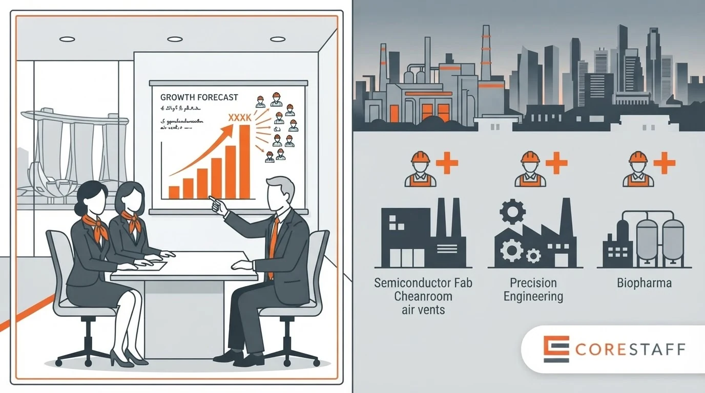 EDB Singapore manufacturing jobs forecast illustration showing government presentation and three sub-sector factories with new role indicators