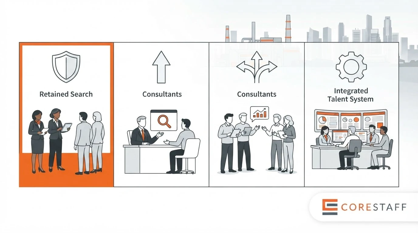 Executive search models comparison Singapore illustration showing retained, exclusive, contingency and RPO in a decision matrix