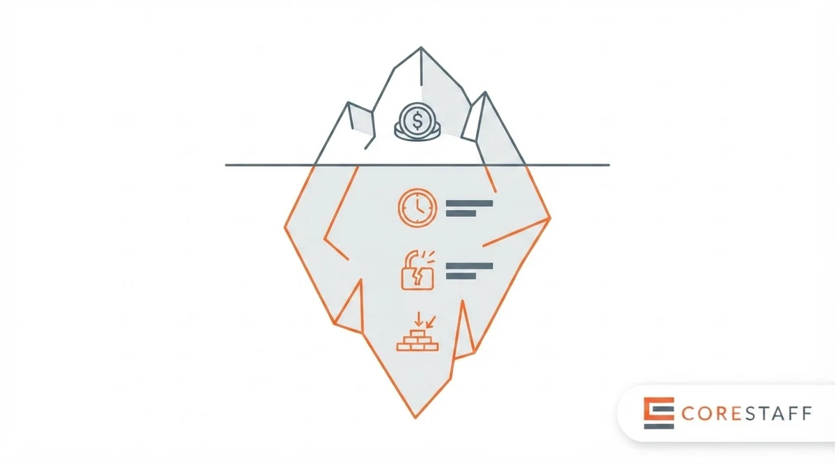 Hidden costs of recruitment iceberg diagram showing visible fee above waterline and hidden delay, leaks, bad hire costs below