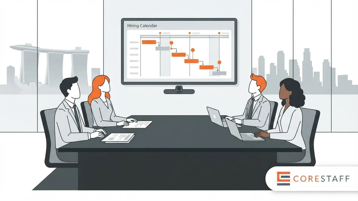 Hiring Response Playbook Singapore — Corestaff Hiring response playbook illustration showing Singapore HR team reviewing a hiring calendar timeline in a boardroom with Singapore skyline