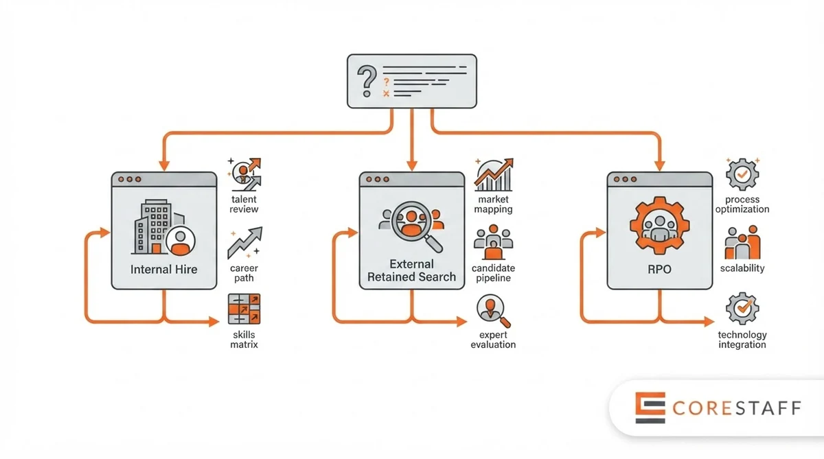 Industry 4.0 hiring decision tree comparing internal hire, external retained search, and RPO paths