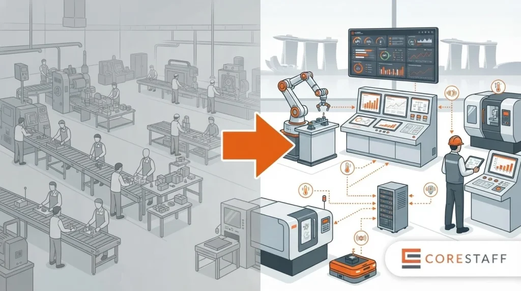 Industry 4.0 hiring Singapore illustration showing traditional factory fading into a modern smart factory with automation engineer and cobot
