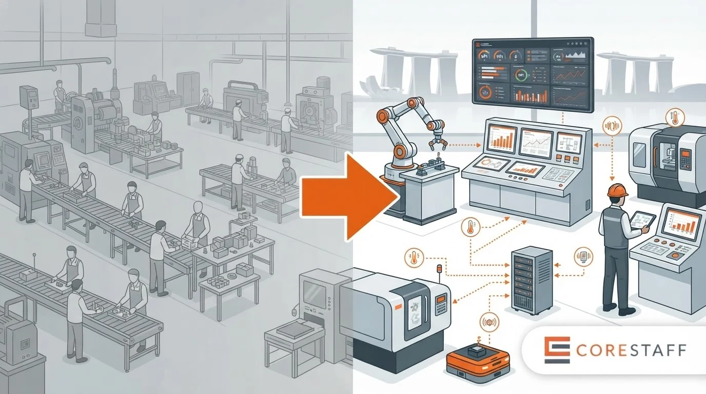 Industry 4.0 hiring Singapore illustration showing traditional factory fading into a modern smart factory with automation engineer and cobot