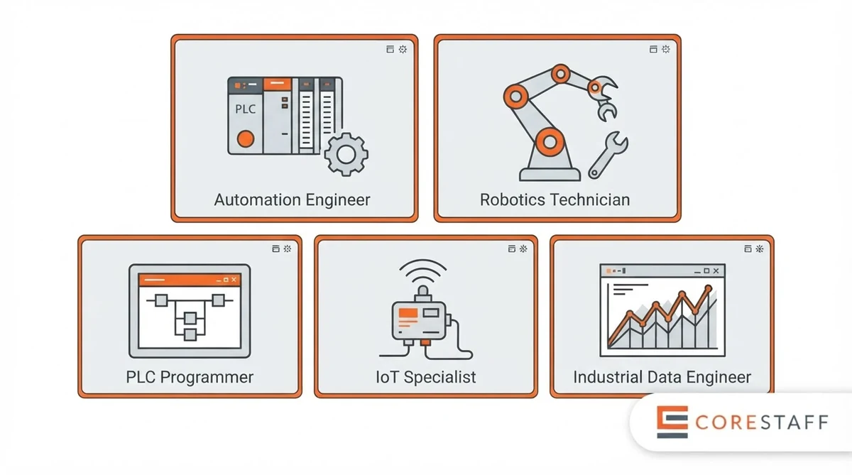 Five Industry 4.0 roles in demand: automation engineer, robotics technician, PLC programmer, IoT specialist, industrial data engineer
