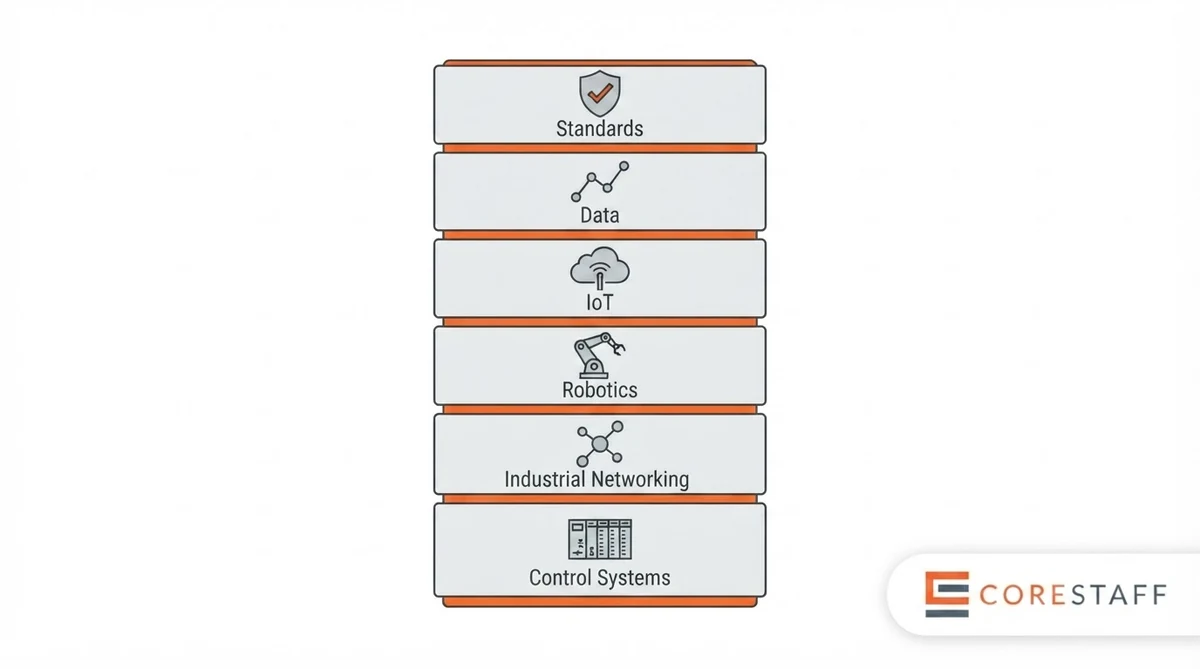 Industry 4.0 skills stack diagram: control systems, industrial networking, robotics, IoT, data, standards