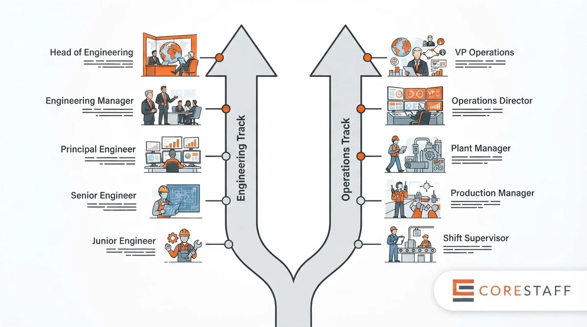 Manufacturing engineer and production manager diverging career paths illustration through engineering and operations tracks