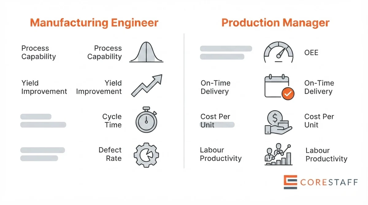 Manufacturing engineer and production manager KPI ownership comparison with icons for process capability and OEE