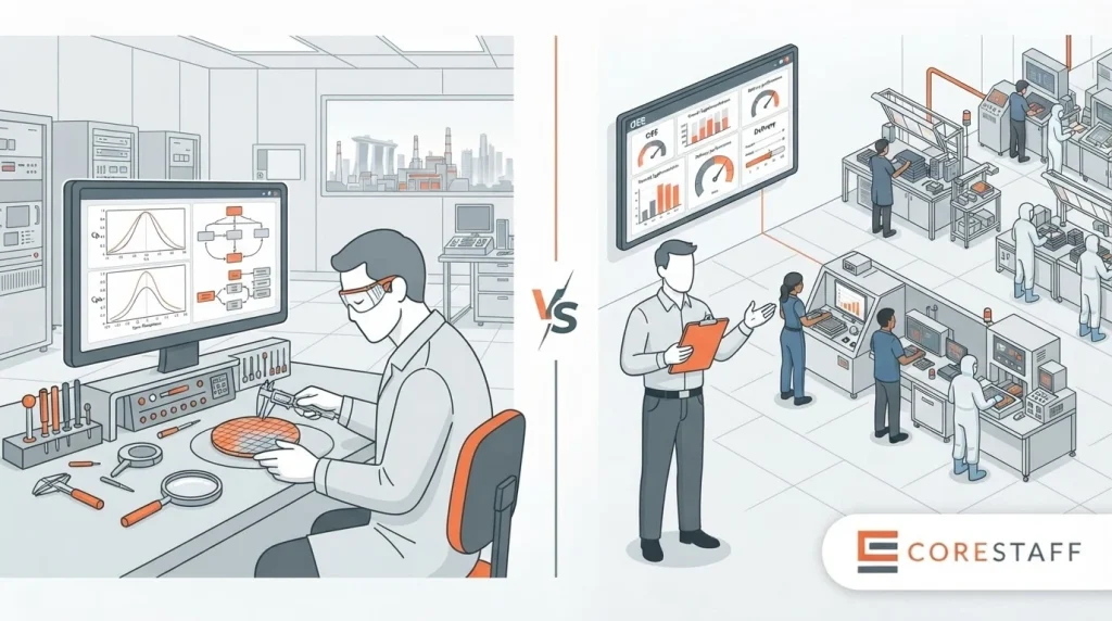 Manufacturing engineer versus production manager Singapore illustration showing engineer at workbench and production manager on factory floor