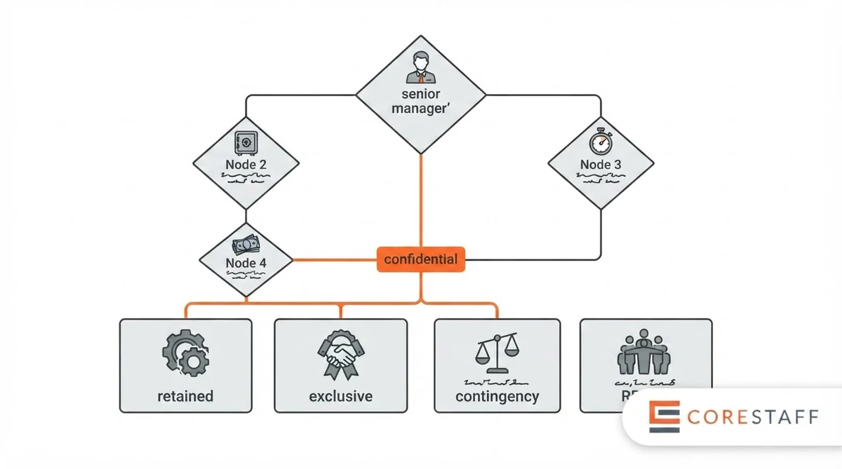 Recruitment model decision framework flowchart showing role seniority, confidentiality, time horizon and price sensitivity questions