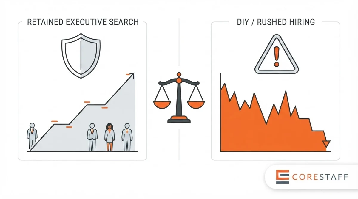Retained executive search versus DIY hiring ROI comparison illustration with balance scale and outcome curves