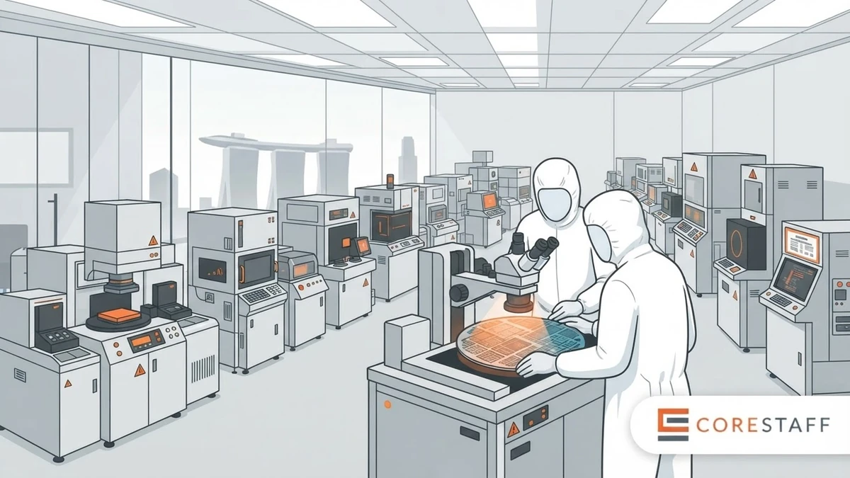 Semiconductor Hiring in Singapore — Corestaff Semiconductor hiring in Singapore illustration showing cleanroom engineers inspecting a silicon wafer at fabrication equipment