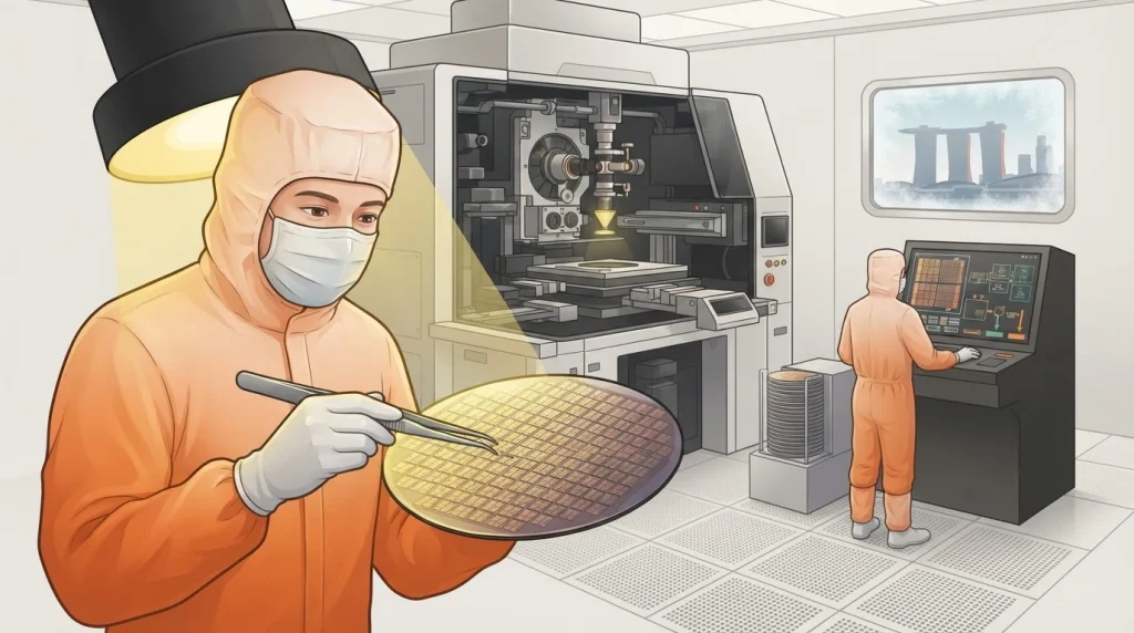 Semiconductor hiring in Singapore hero illustration showing engineer in cleanroom suit inspecting silicon wafer with tweezers under lithography light at a fab facility