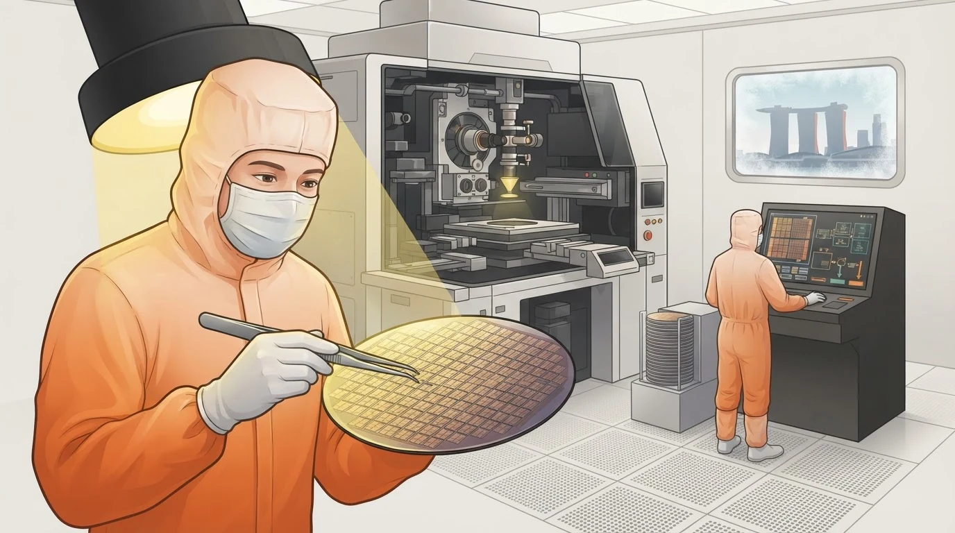 Semiconductor hiring in Singapore hero illustration showing engineer in cleanroom suit inspecting silicon wafer with tweezers under lithography light at a fab facility