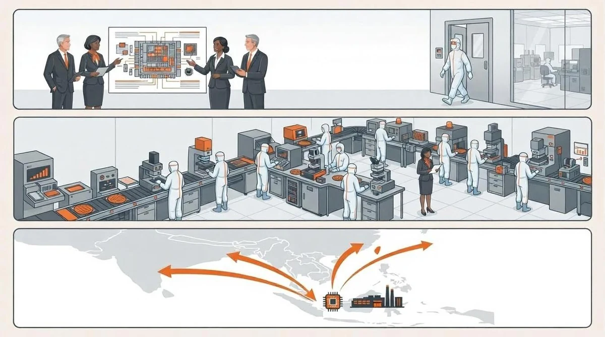 Semiconductor recruitment playbook illustration showing senior engineer briefing at chip architecture board, cleanroom wafer processing line for volume hiring, and Asia map with sourcing arrows into Singapore