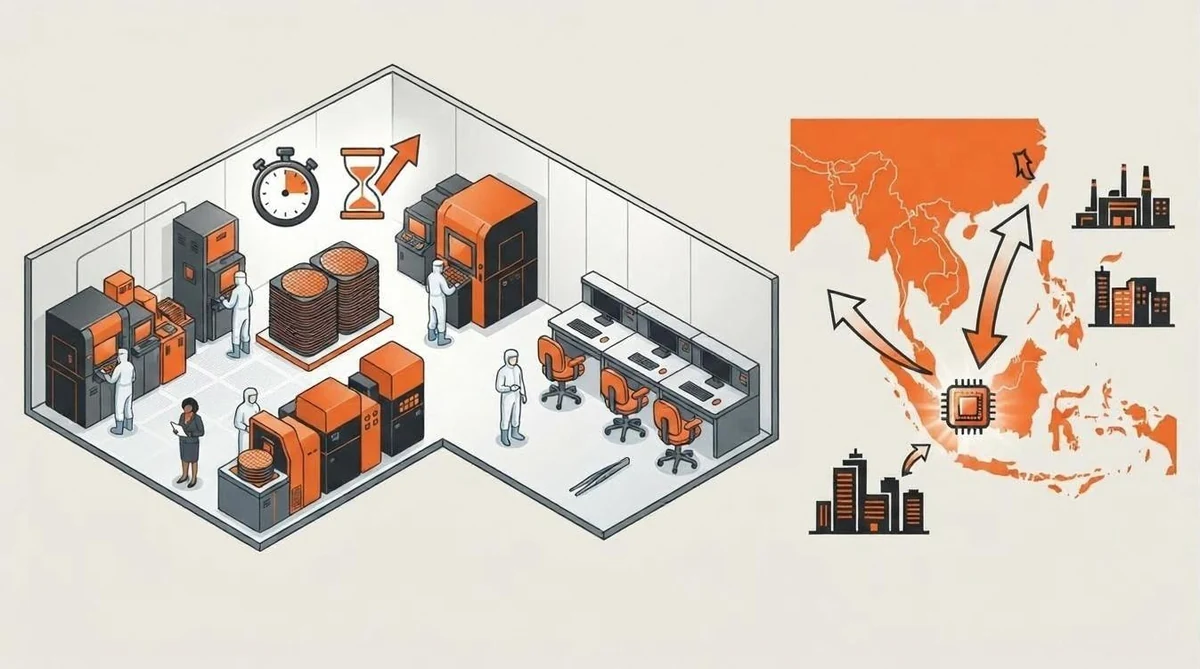 Semiconductor hiring pressure illustration showing Singapore fab cleanroom operations with wafer racks and regional talent flow map across Southeast Asia