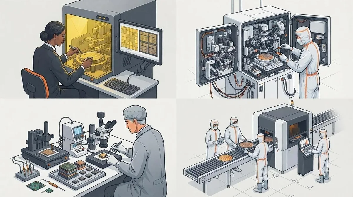 Semiconductor role clusters illustration showing process engineer at wafer inspection, equipment engineer servicing a lithography scanner, packaging and testing specialist with probe card, and cleanroom operators at wafer conveyor