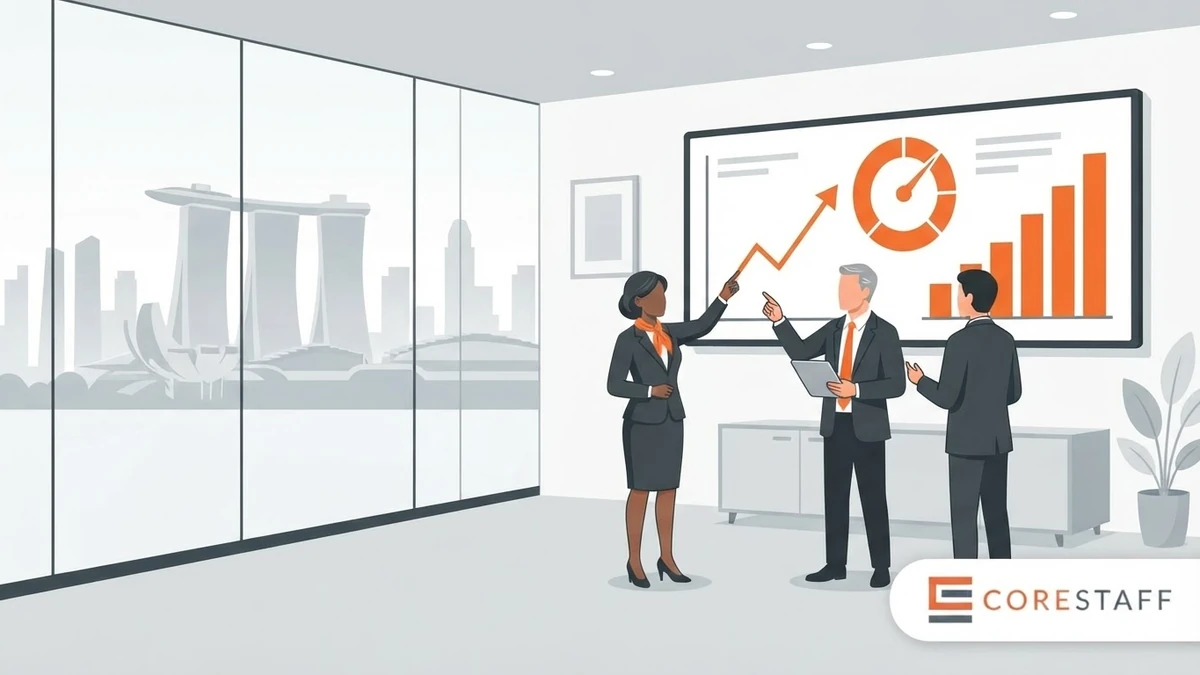 Singapore Manufacturing Expansion Signal — Corestaff Singapore manufacturing expansion signal illustration showing business professionals reviewing a dashboard with upward trending chart