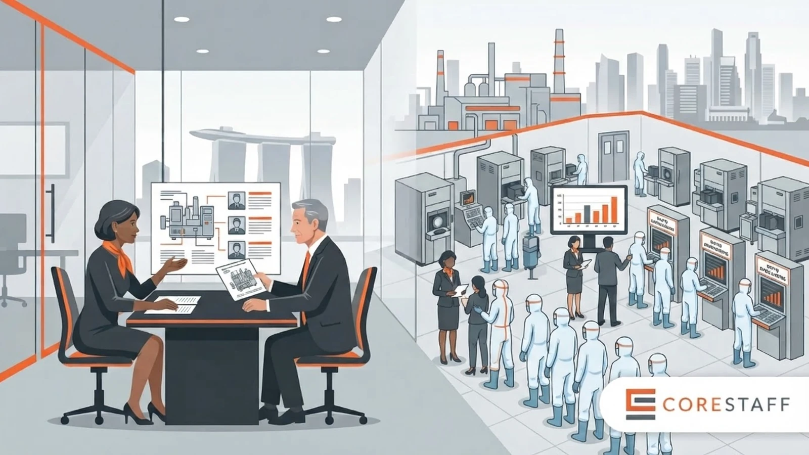 Singapore manufacturing hiring outlook illustration showing a Corestaff consultant briefing a client alongside an advanced manufacturing floor with Singapore skyline