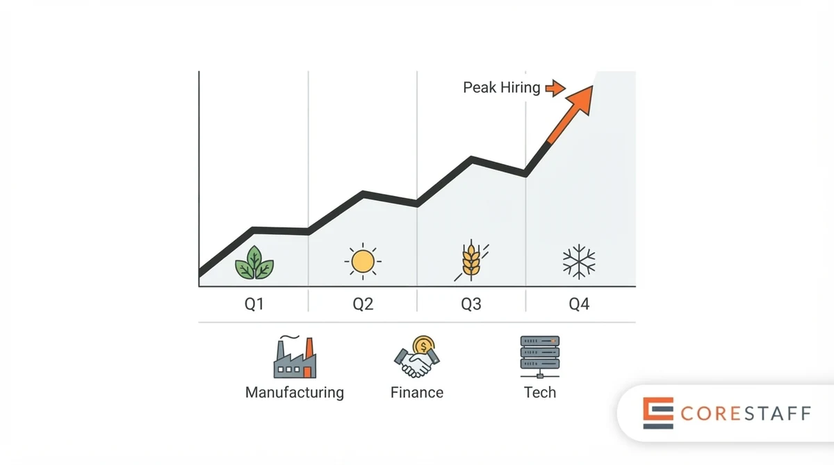 Singapore quarterly hiring demand curve illustration showing Q4 peak with seasonal icons and sector indicators
