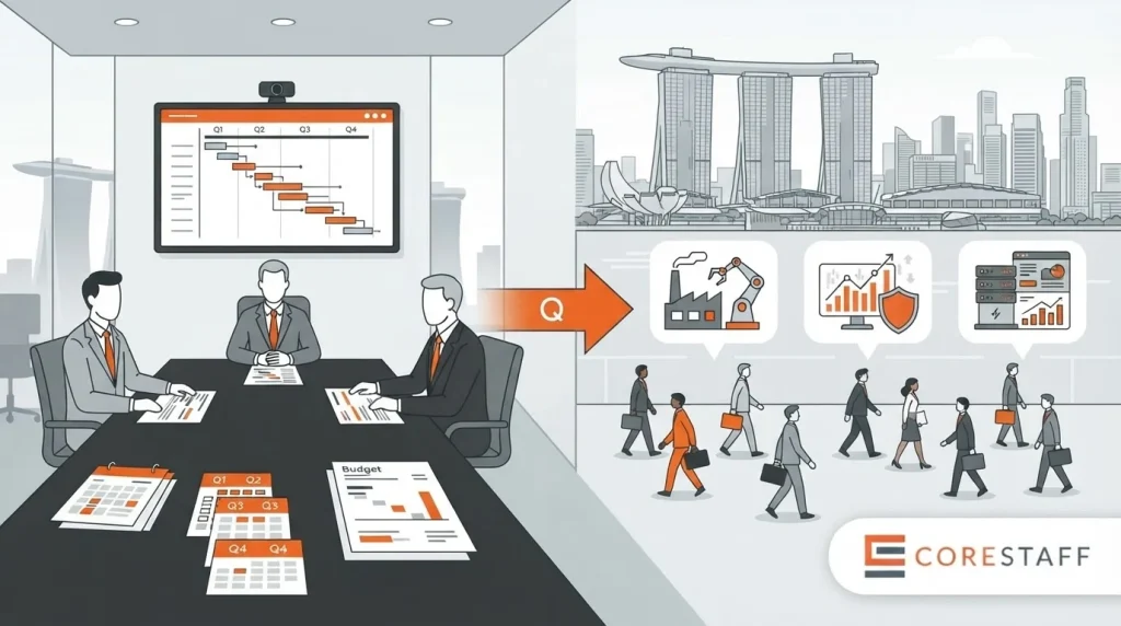 Year-end hiring forecast Singapore illustration showing executives around a planning table with hiring calendar and Singapore skyline