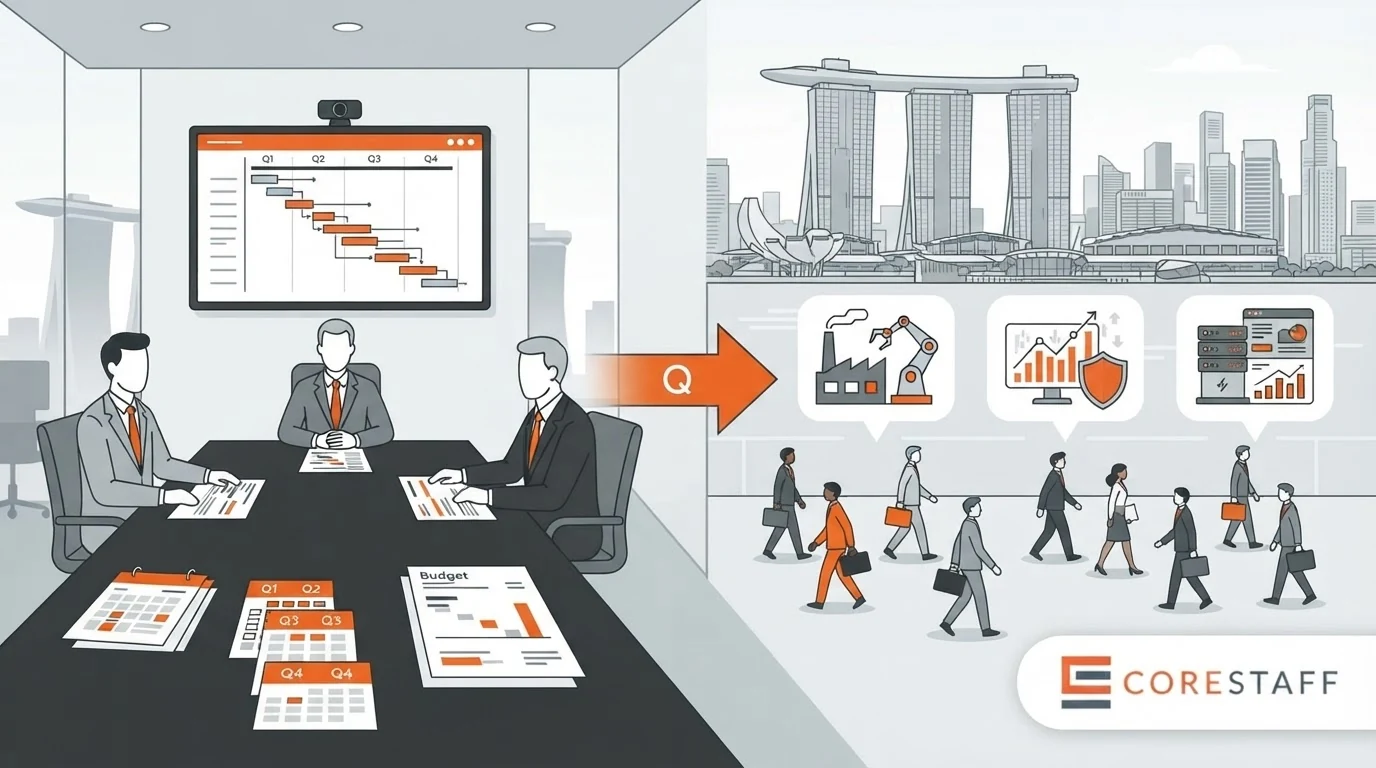 Year-end hiring forecast Singapore illustration showing executives around a planning table with hiring calendar and Singapore skyline