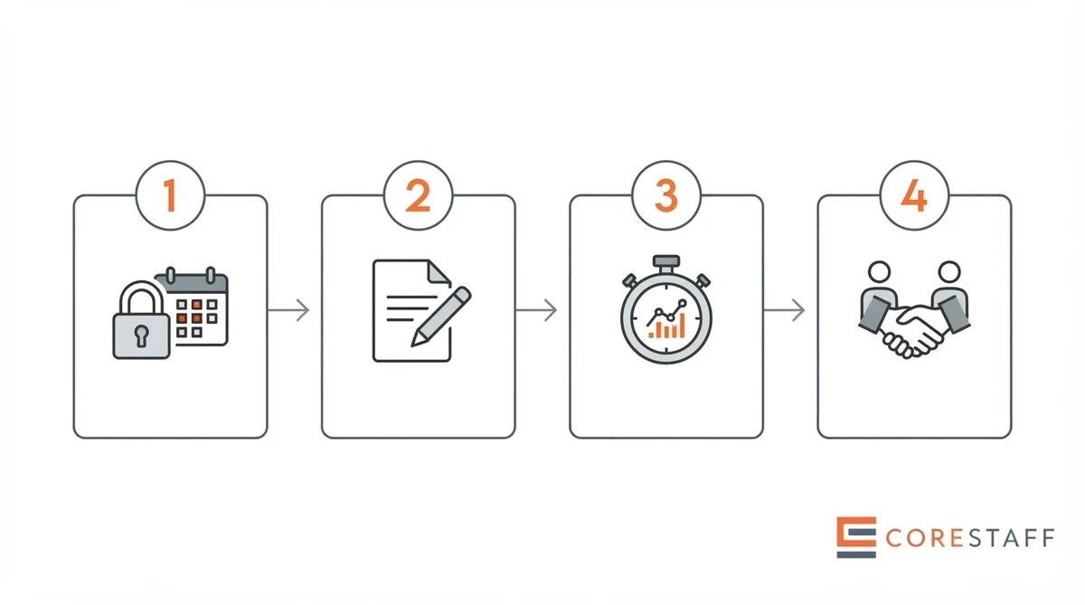 Year-end hiring playbook four steps illustration: lock budget, refresh JDs, benchmark time-to-hire, engage search partners