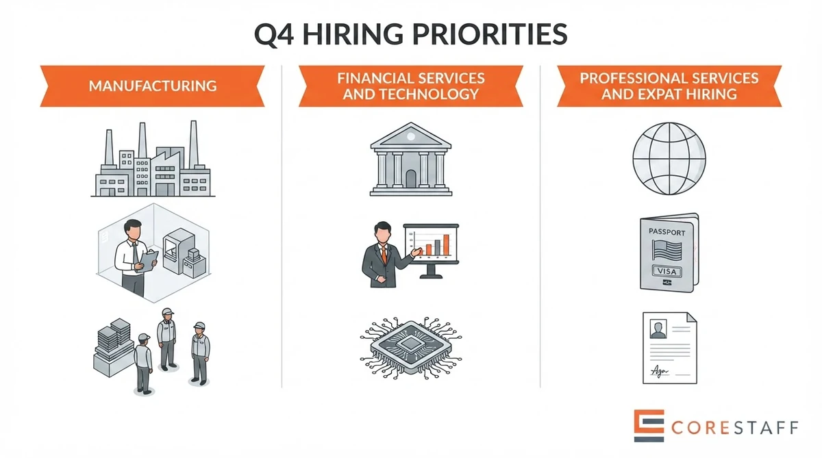 Year-end sector priorities grid: manufacturing, financial services and technology, professional services and expat hiring