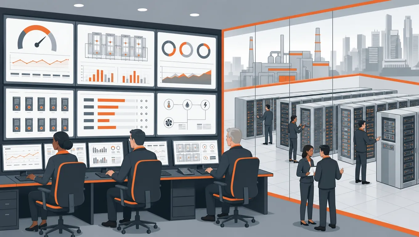 Specialist Role Profile in Singapore Data Centres Data centre control room with engineers monitoring PUE dashboards on multiple screens