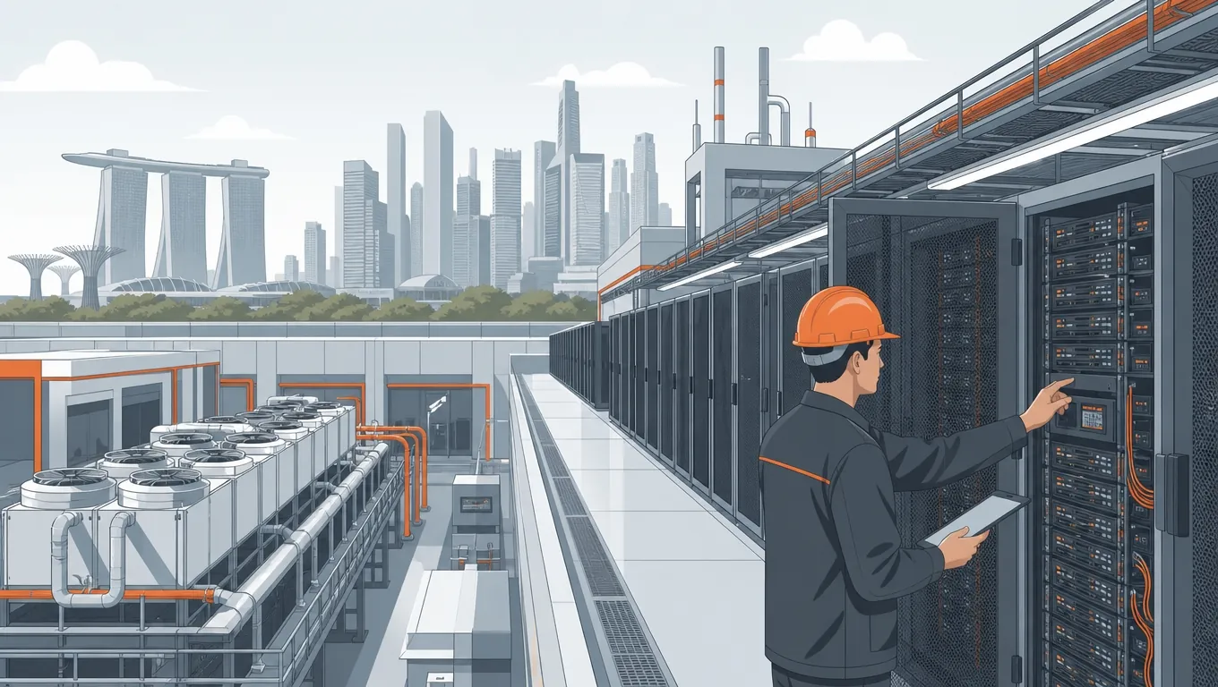 Singapore AI Data Centre Engineers 2027 Demand AI data centre facility with massive server racks and M&E engineer at work