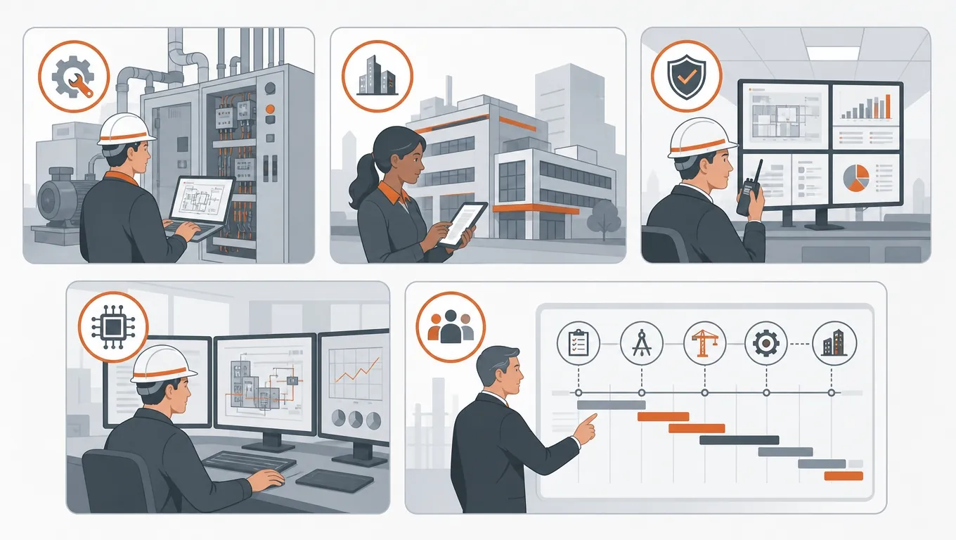 Five AI Data Centre Role Families Pressed in 2027 Five engineering role icons for AI data centre