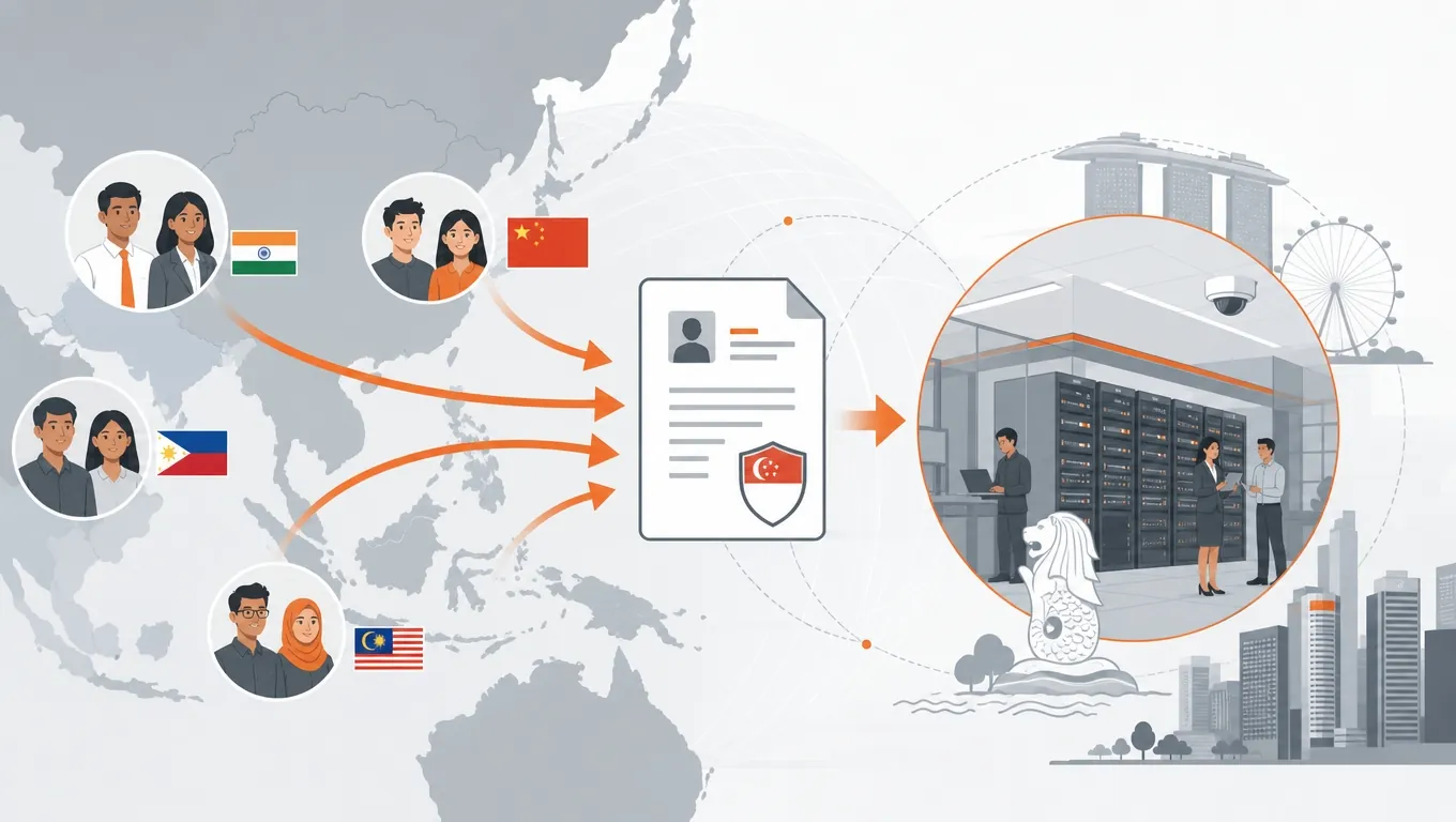Foreign Hiring Patterns in Singapore Data Centres Asia region map with India, Philippines, China and Malaysia flags funnelling into a Singapore data centre