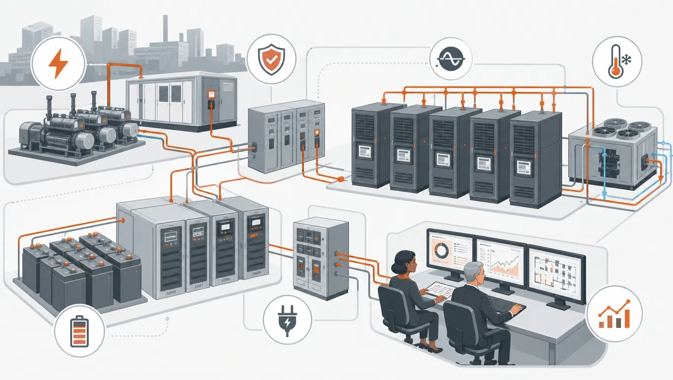 Reliability Standards: Tier III/IV and ASHRAE Critical power infrastructure diagram with UPS, generators, distribution, cooling and monitoring