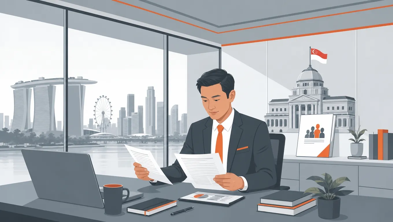 Singapore SME owner reviewing Budget 2026 policy brief with Marina Bay skyline backdrop