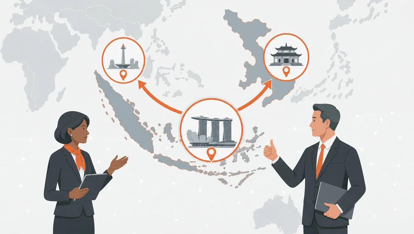 Singapore HQ and overseas hire map showing MRA grant support for regional expansion