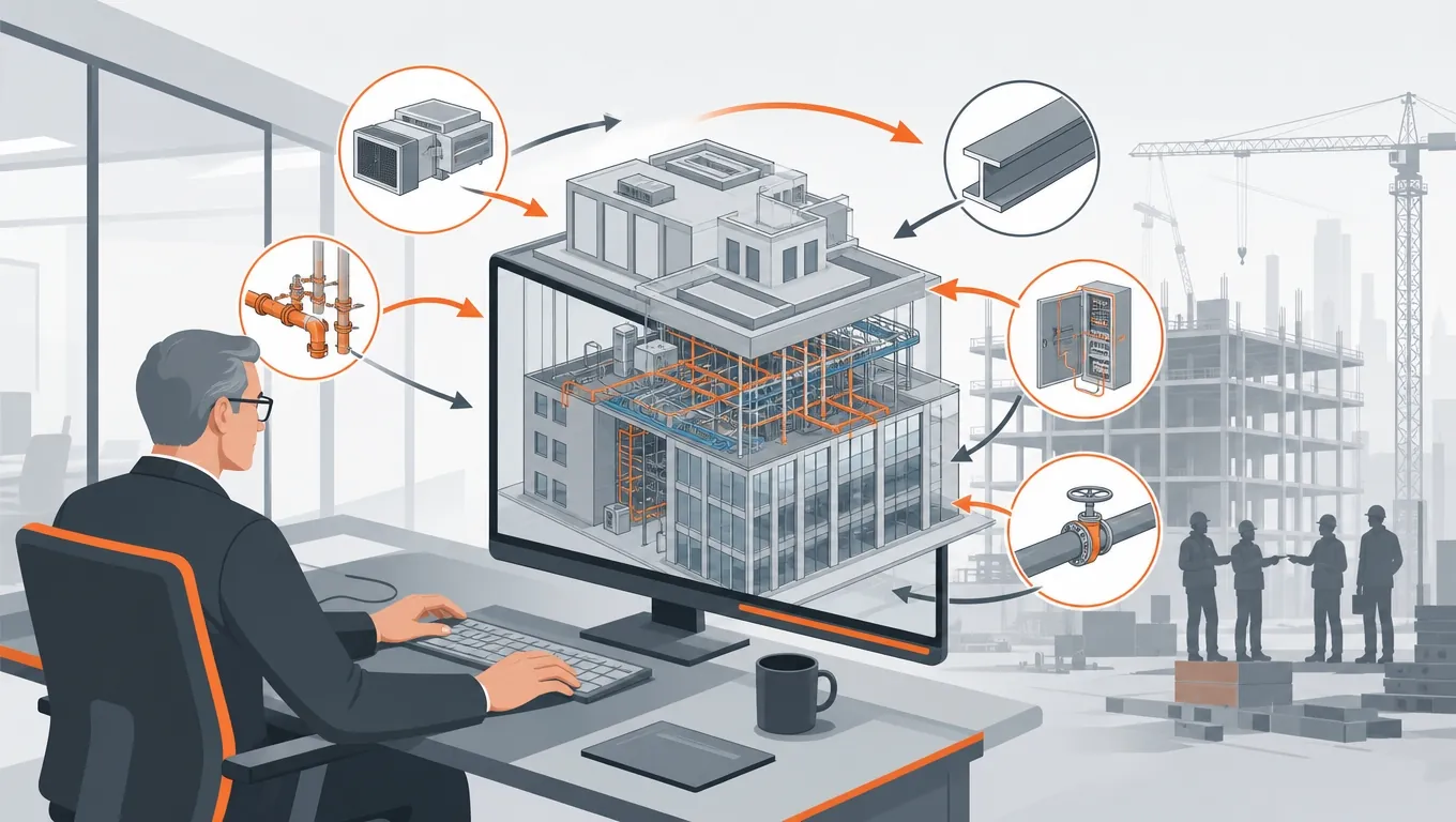 Senior BIM coordinator working with a 3D digital building model and trade arrows