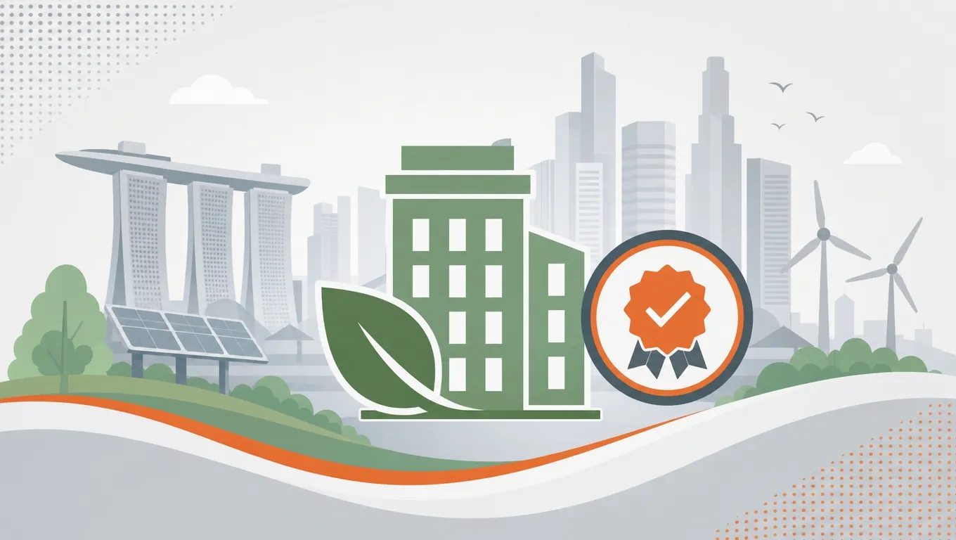 Green Mark badge over a sustainable Singapore skyscraper silhouette