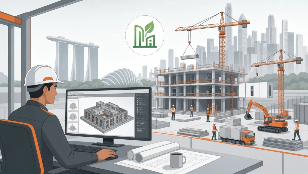 BIM engineer working on a 3D building model at a Singapore construction site with crane and skyline