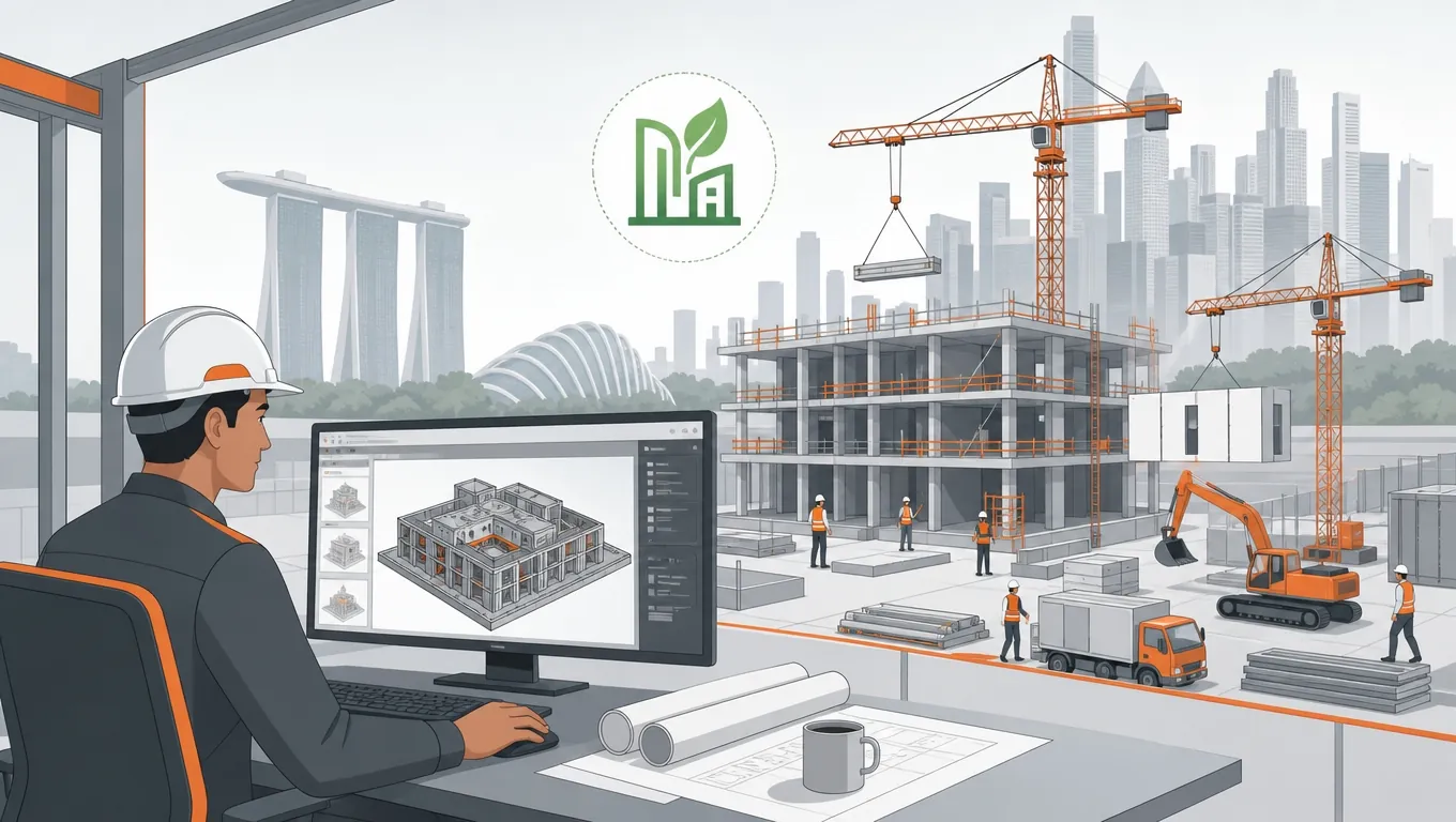 BIM engineer working on a 3D building model at a Singapore construction site with crane and skyline
