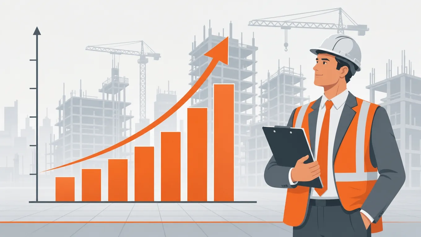 Rising salary pressure bar chart alongside a construction professional